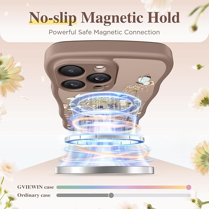 GVIEWIN for iPhone 14 Pro Case Compatible with MagSafe [Curly Wave Edge][Full Camera Protection] Floral Translucent Shockproof Magnetic Women Phone Case for 14 Pro, Autumnflit/Brown