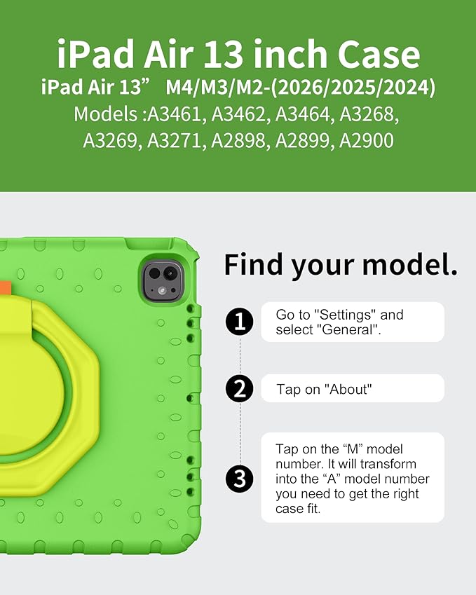 for iPad Air 13 Inch Case (M4 2026 / M3 2025 / M2 2024), Heavy Duty EVA Protective Cover with Magnetic Charging Pencil Holder, 360° Rotating Stand, for Kids, Work & Travel, Green