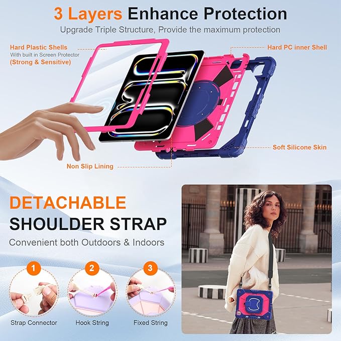 Case for iPad Pro 13 Inch M5 2025/ M4 2024, Ubearkk for iPad Pro 13 Inch case with Screen Protector, 360 Degree Rotating Stand Shoulder Strap Pencil Holder,Military Grade Shockproof, Navy Pink