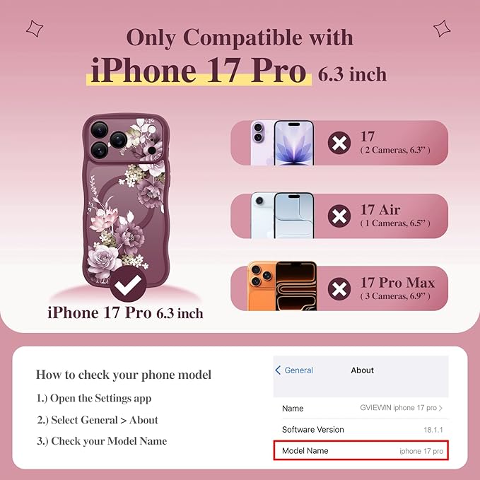 GVIEWIN for iPhone 17 Pro Case Compatible with MagSafe [Curly Wave Edge][Full Camera Protection]Floral Translucent Shockproof Magnetic Women Phone Case for iPhone 17 Pro 6.3'',Cherry Blossoms/Burgundy