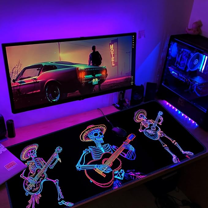 Simpkeely Blacklight Skeleton Playing Guitar Mouse Pad – UV Reactive Neon Art Funny Skull Rock and Roll Gaming Desk Mat, Glow in The Dark Extended Mousepad with Non-Slip Rubber Base – 31.5" x 11.8"