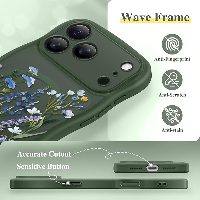 GVIEWIN for iPhone 17 Pro Case Compatible with MagSafe [Curly Wave Edge][Full Camera Protection]Floral Translucent Shockproof Magnetic Women Phone Case for iPhone 17 Pro 6.3'', Sweet Posy/Forest Green