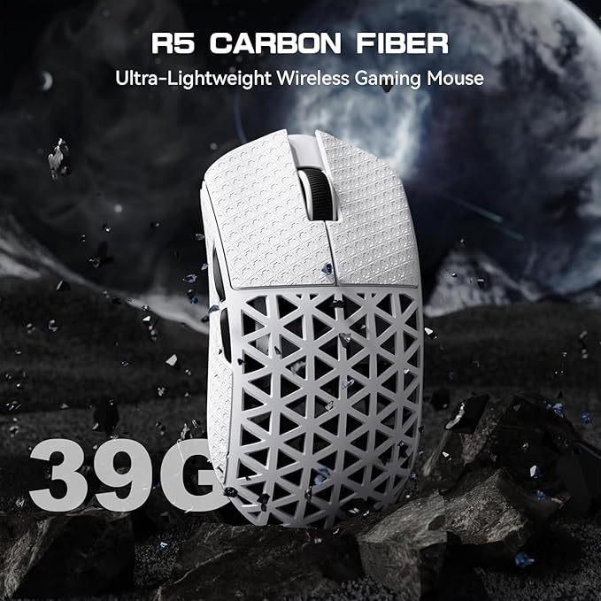 ATTACK SHARK R5 Ultra Wireless Gaming Mouse,Carbon Fiber Shell 39g Superlight,PAW3950MAX Optical Sensor Nordic 52840 MCU 8K Polling 42K DPI,Tri-Mode Programmable Mice with Coiled Cable-White&Griptape