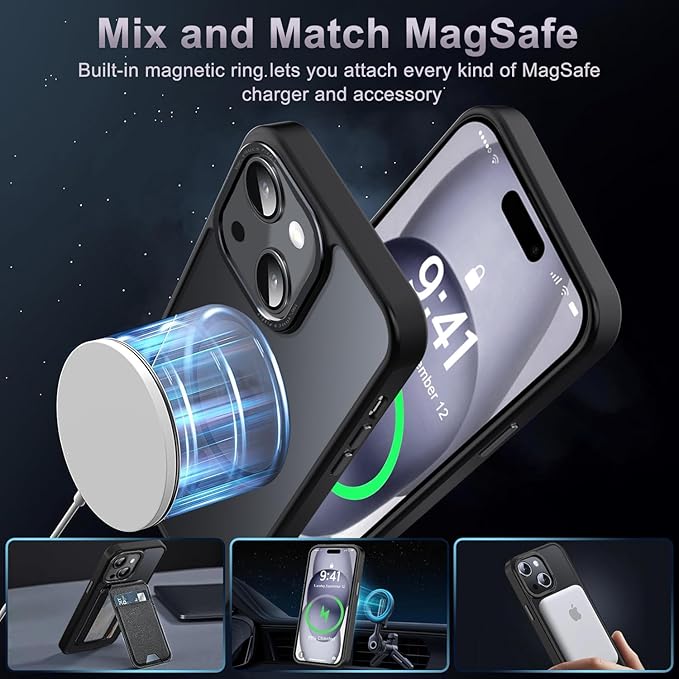 Newfuture Magnetic for iPhone 15 Case [Compatible with Magsafe] [Military Grade Drop Protection] Translucent Matte Anti-Fingerprint Shockproof Phone Case for iPhone 15 6.1 inch, Black
