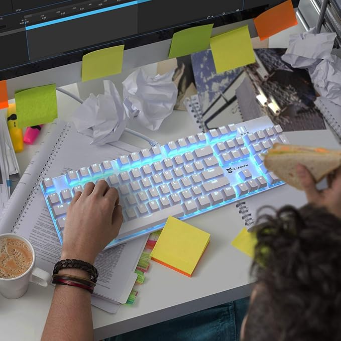 Merdia 104 Keys Full Size Mechanical PC Gaming Keyboard | Brown Switch Hot Swappable White Mechanical Wired Computer Keyboards | Ice Blue LED Backlit 104 Keys US Layout Light Up Wired Gaming Keyboard