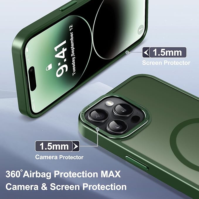 Newfuture Designed for iPhone 14 Pro Case with Magnetic [13 FT Military Drop Protection] [Compatible with Magsafe] Slim Translucent Matte Shockproof with Anti-Fingerprint Phone Case, Dark Green