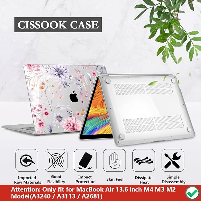 CISSOOK Flower Case for MacBook Air 13.6 Inch M5 M4 M3 M2 Chip Model A3449 A3240 A3113 A2681, Plastic Shell Cover with Keyboard Cover Screen Protector for MacBook Air 13 2022-2026, Flowers Watercolor