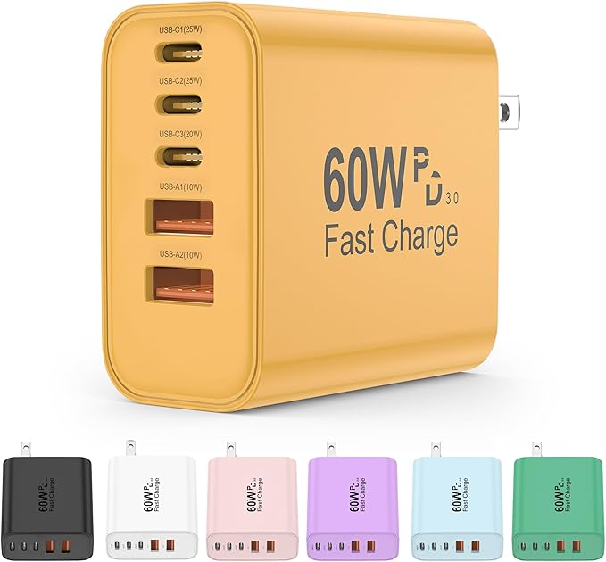 USB C Charger Block, 60W 5 in 1 Charging Blocks, PD 3.0 Fast Charger, QC 2A Yellow Wall Plug Multiport Type C Charging Block for iPhone 17 16 15 14 13 12 Pro Max, iPad, iPod, Samsung, AirPods Pro