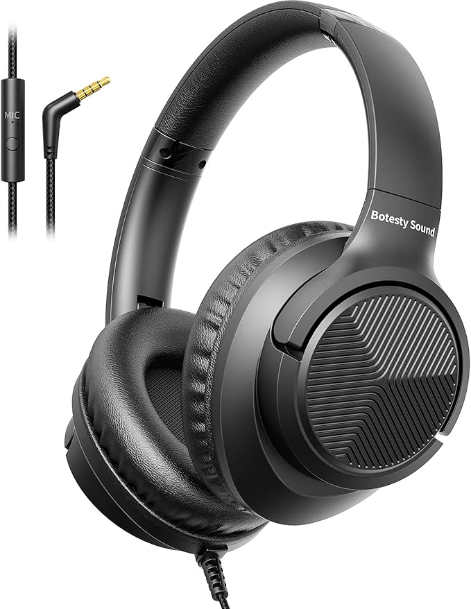 Botesty Sound Headphones Wired with Microphone, Over Ear Foldable 3.5mm Plug in Headphones with 4.9ft Tangle-Free Nylon Cord for Tablet, Laptop, MP3/4, School, Airplane Travel (Black)