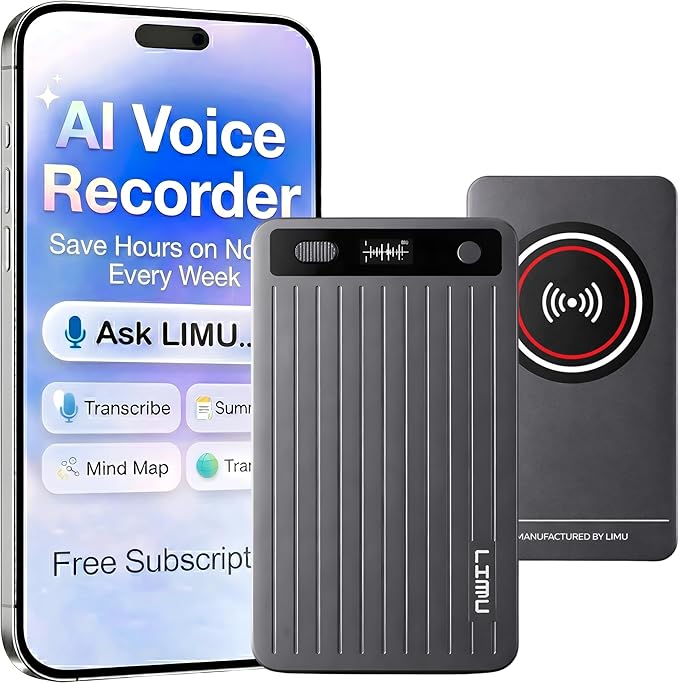 LIMU AI Voice Recorder, German Design AI Note Taking Device with GPT-5.5, Wireless Charging Audio Recorder, Transcribe, Summarize, MindMap, 125 Language, AI Assistant for Meetings, Calls, Lectures