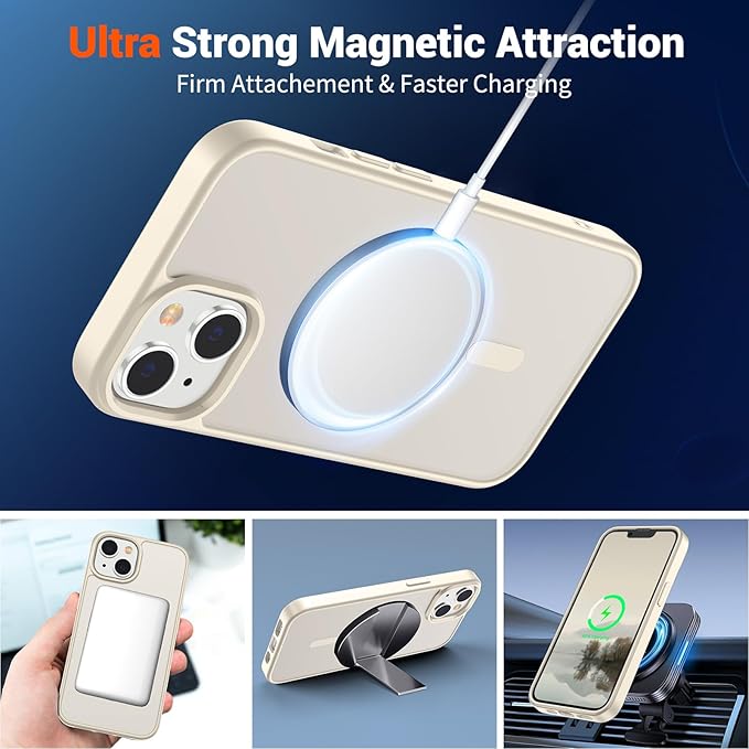 SUPFINE Magnetic for iPhone 14 Case & iPhone 13 Case (Compatible with MagSafe)(Military Grade Drop Protection) Slim Translucent Matte Shockproof Phone Cover,Antique White