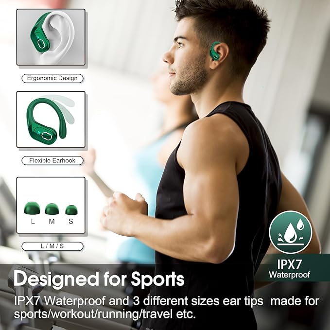 Wireless Earbuds 75hrs Bluetooth 5.4 Headphone Sport, 2026 Bluetooth Earbuds Stereo Deep Bass Over Ear Bud with Earhooks, ENC Noise Cancelling Mic, IPX7 Waterproof Earphone for Gym/Workout, Dark Green
