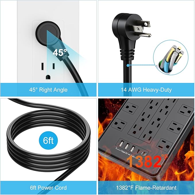 HITRENDS Power Strip with USB C, Surge Protector Power Strip with 22 Outlet & 3 USB A Ports & 2 USB C Port, 1875W/15A Multiplug with Flat Plug, 6 Ft Extension Cord for Home Office