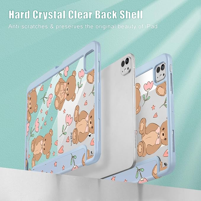 May Chen Case for iPad Pro 11-Inch M5/M4 2025/2024 (6th/5th Generation), [Penceil Holder] Trifold Stand Auto Wake/Sleep Clear TPU Protection Back Cover, Cute Teddy Bear