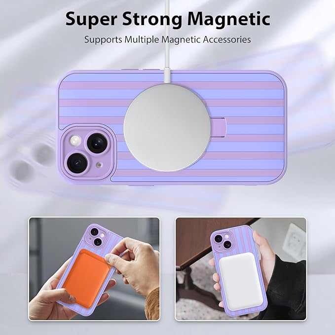 KANGHAR Compatible with iPhone 15 Case, Support for MagSafe, Silicone Stripes Cute Pattern, Wristband Kickstand Camera Protection Soft Slim Cover for Girls Women -Purple