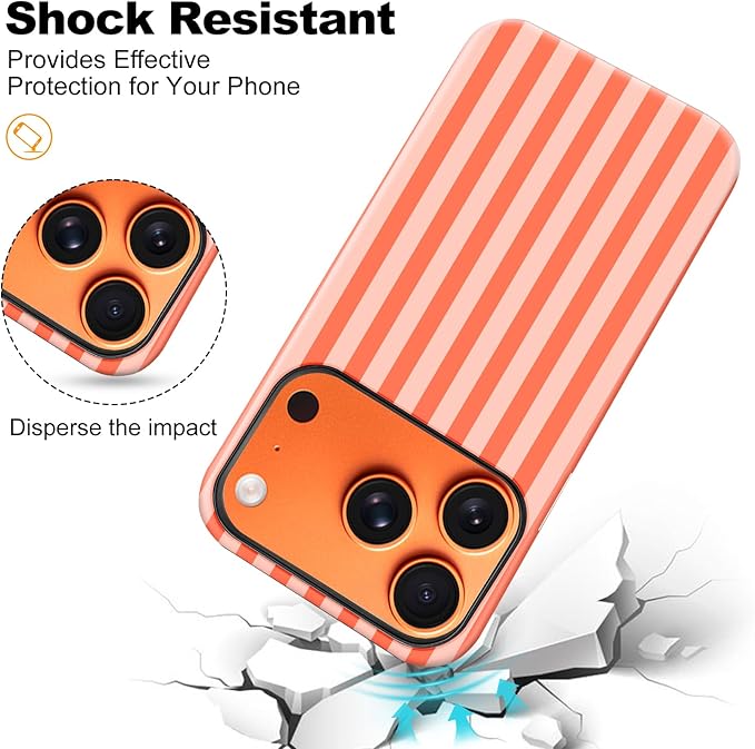 Magnetic for iPhone 17 Pro Case Cute Stripes Phone Case, Shockproof Slim TPU and Hard PC Protective Phone Cover Compatible with MagSafe Designed for Women Girls, Deep Orange