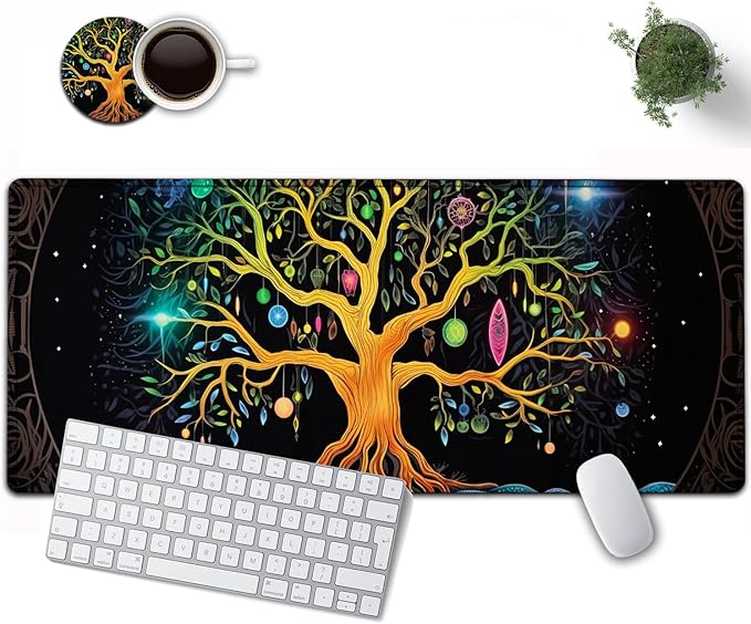 Large Mouse Pad, 31.5 x 11.8in Extended Gaming Mouse Pad with Stitched Edges, XXL Mousepad Protector Non Slip Rubber Base for Office and Home Writing Mat, Colorful Tree of Life Pattern Black Desk Mat
