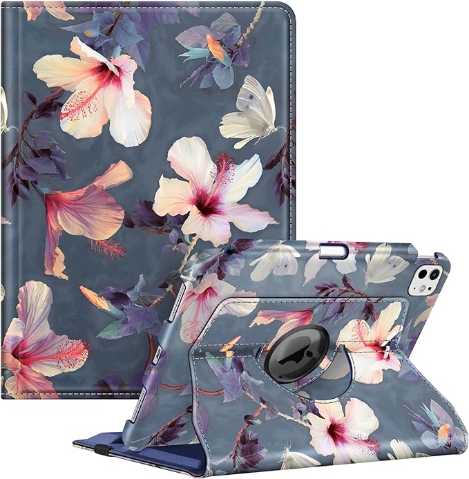 Fintie Rotating Case for iPad Pro 11-inch (M5) 2025 / (M4) 2024 - [Built-in Pencil Holder] 360 Degree Swiveling Smart Stand Protective Cover, Auto Sleep/Wake, Blooming Hibiscus