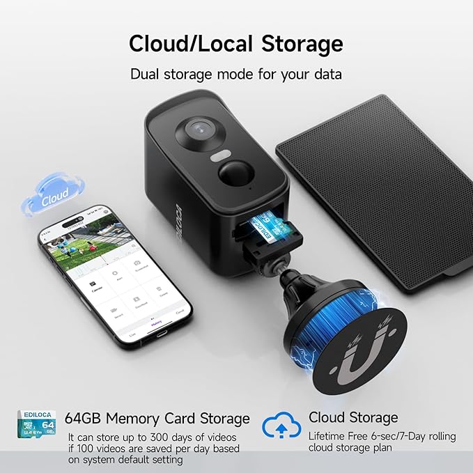 Magnetic Security Camera Wireless Outdoor, 2K Pan Rotating 300° Solar Panel Battery Powered WiFi Camera with PIR Human Detection, Color Night Vision, 2-Way Audio, Alarm, Cloud/64GB Memory Card Storage