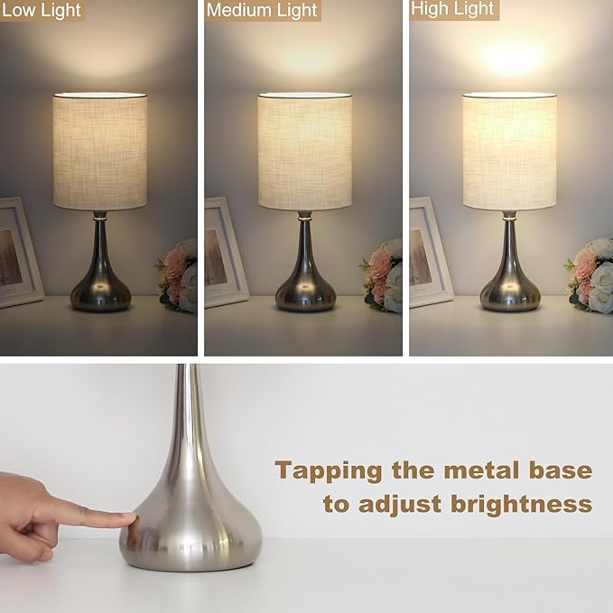 Touch Control Table Lamp, 3 Way Dimmable Simple Night Light Lamp with White Lampshade Silver Metal Base, Small Bedside Table Lamp for Bedroom, Office, Dorm, A19 9W 3000K Bulb Included