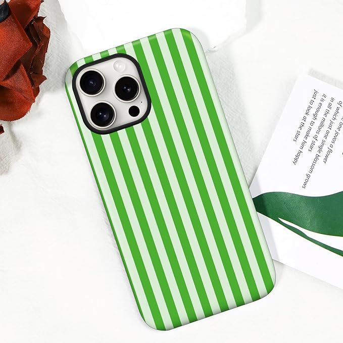 Magnetic for iPhone 17 Case Cute Stripes Phone Case, Shockproof Slim TPU and Hard PC Protective Phone Cover Compatible with MagSafe Designed for Women Girls, Deep Green