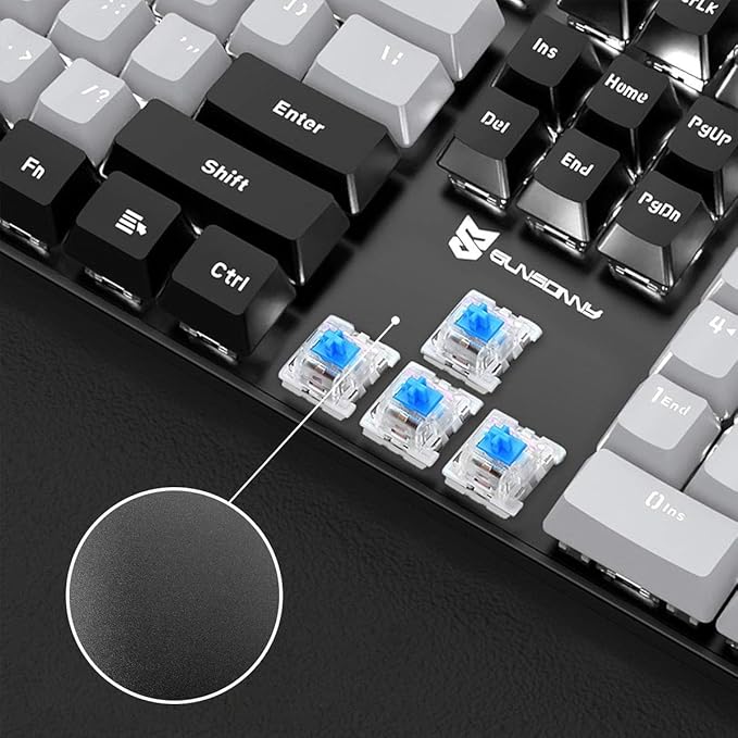 Merdia 104 Keys Wired Mechanical Gaming Keyboard | White LED Backlit US Layout | Hot Swappable Blue Switch Full Size Mechanical Keyboard | Black & Grey Keycaps Light Up PC Gaming Computer Keyboards