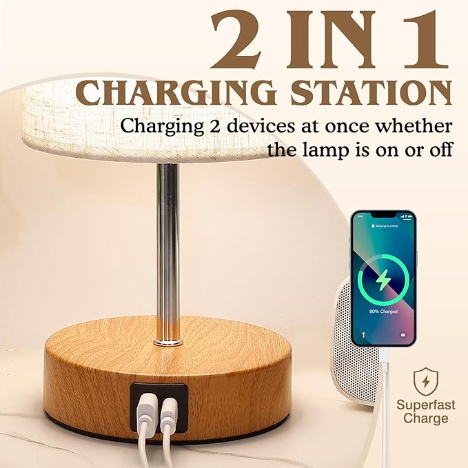 UNIFUN Touch Control Bedside Table Lamp with USB-C Charging Ports, 4-Way Dimmable Nightstand Lamp with Wood Base & Fabric Shade for Bedroom Living Room
