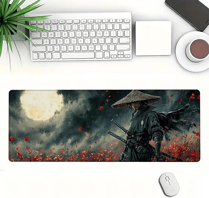 Warrior Desk Mat Swordsman Japanese Anime XL Mouse Pad Large Mousepad Extended Laptop Keyboard Mat Gaming Desk Pad Mouse Mat Professional Desk Pad for Office Equipment 31.5x11.8 Inch