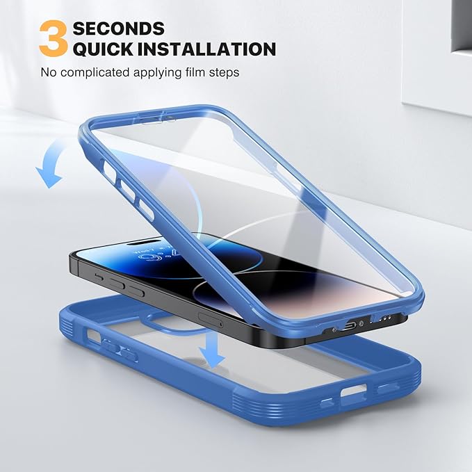 Diaclara Designed for iPhone 14 Pro Max Case 6.7’’,Full Body Rugged Protective Case+9H Tempered Glass Camera Lens Protector w/Built-in Screen Protector (Elegant Blue)
