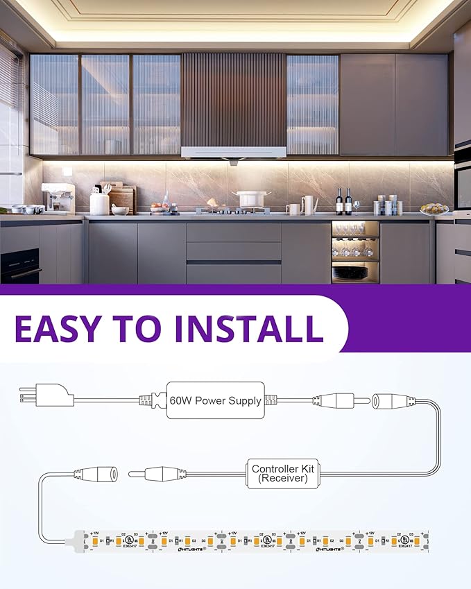 HitLights White LED Strip Lights Kit with Remote & 12V Power Supply, 16.4ft High Density Dimmable Tape Light 4000K, 600 LEDs, 300Lm/ft, UL Listed, Flexible Rope Lights for Bedroom, Kitchen, Cabinet