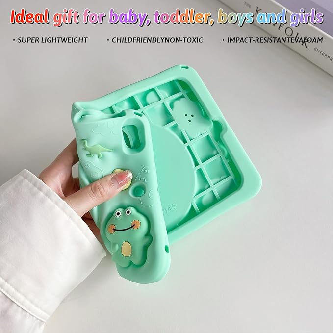 Dteck for iPad 10.9" 10th Generation Case Kids,Cute Cartoon 3D Unique Design Light Rotating Handle Stand Shoulder Strap Soft Silicone Funda Drop Rugged Shockproof Protective Kid-Proof Case,Dinosaur