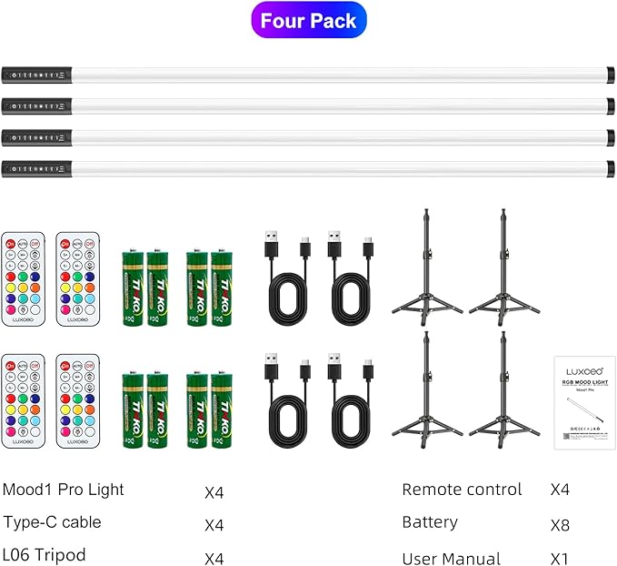 4 Pack 4ft Portable Battery Powered Tube Light 120cm Handheld LED RGB Lights Tube with Tripods, 500 Vivid Effects for Video and Photography,Light Painting,YouTube,Video and Dance Club