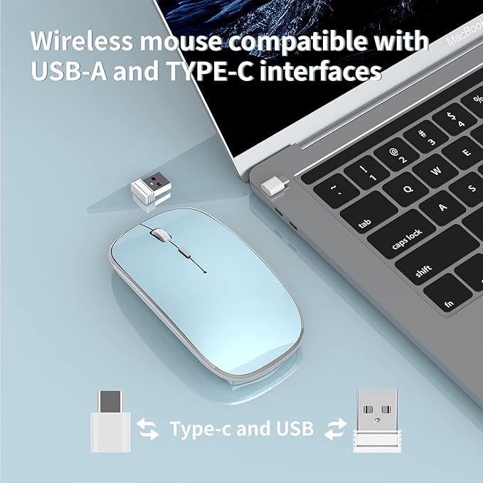 Halpilt Wireless Mouse Chargeable Portable Silent USB and Type-C Dual Mode Wireless Mouse 3 Adjustable DPI for Laptop, Mac, Mac, Android, PC (Q23S Black) (Blue)