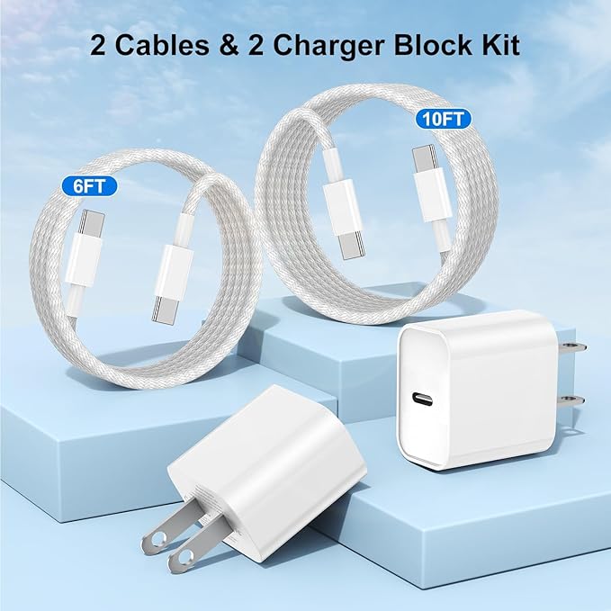 for iPhone 15 16 Chargers Fast Charging, 2Pack 20W USB C Wall Charger for iPhone 16 Pro Max with 2Pack 6FT+10FT USB C to C Cable Compaitble with iPhone 16/16 Plus/15/15 Pro Max/iPad Pro-Gray