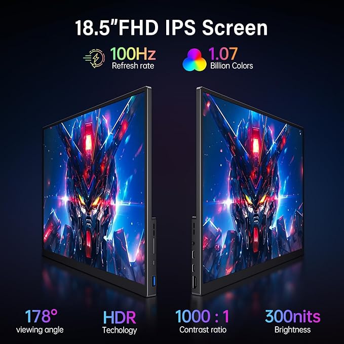 Portable Monitor 18.5 inch 100Hz FHD USB-C HDMI Travel Monitor w/Built-in Kickstand, VESA & Speakers, Eye Care HDR Portable Gaming Monitors