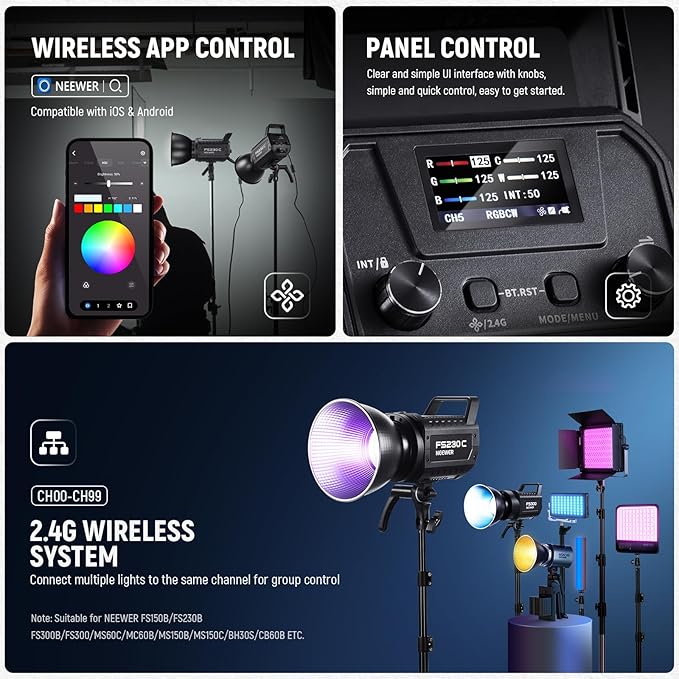 NEEWER 230W High Power RGB LED Video Light, APP/2.4G Control, 2500K-7500K 23000lux/1m COB Continuous Output Lighting, 17 Effects CRI95+ Bowens Spotlight for Studio Photography Video Recording, FS230C