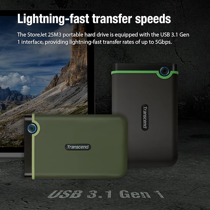 Transcend StoreJet 2TB Rugged External Hard Drive, USB3.1(5Gbps) Portable HDD w/One Touch Auto-Backup Button/Anti-Shock Resistant/Compact&Lightweight/Lightning-Fast Speeds, Iron Gray - TS2TSJ25M3S