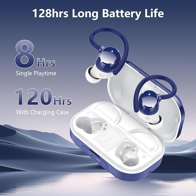 Wireless Earbuds, Bluetooth 5.4 Sport Headphones, 128H Playtime Over Ear Buds for Small Ear, Stereo Deep Bass, Sport Wireless Bluetooth Earphones, IPX7 Waterproof Running Headphones for iOS Android