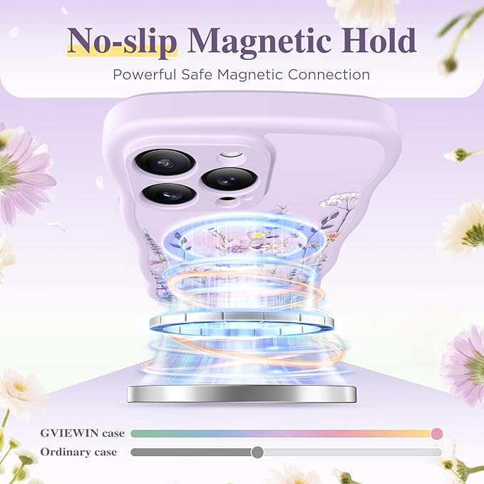 GVIEWIN for iPhone 15 Pro Case Compatible with MagSafe [Curly Wave Edge][Full Camera Protection] Floral Translucent Shockproof Magnetic Women Phone Case for iPhone 15 Pro 6.1'', Floratopia/Purple