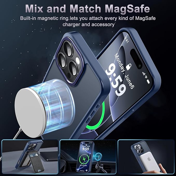 Newfuture Designed for iPhone 16 Pro Case with Magnetic [13 FT Military Drop Protection] [Compatible with Magsafe] Slim Translucent Matte Shockproof with Anti-Fingerprint Phone Case,Navy Blue