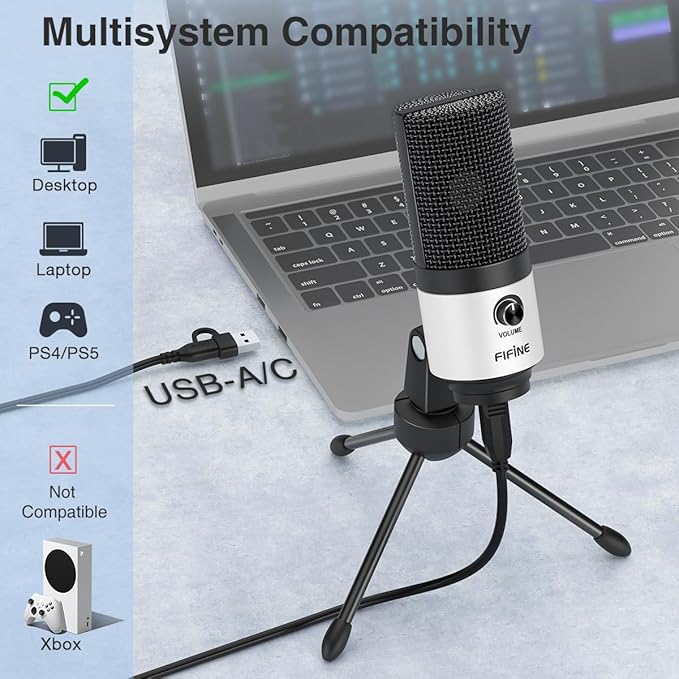 FIFINE USB Podcast Microphone,PC Computer Recording Mic for Desktop Laptop,Studio Condenser Microphone with Volume Knob for Voice-Over, Vocals, Online Meeting, YouTube-K669W