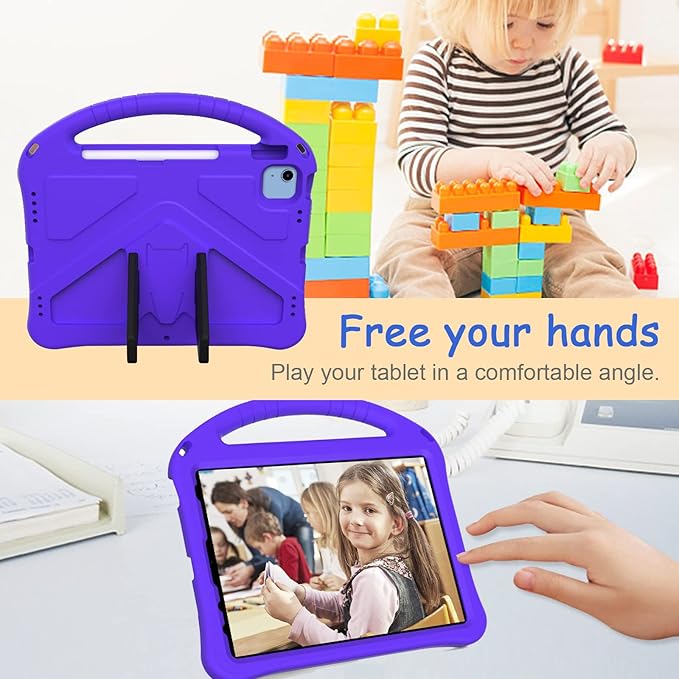 Kids Case for iPad A16 11th/10th Generation 2022/2025 11-Inch iPad Cover with Pencil Holder, Techcircle Lightweight Shockproof EVA Foam Rugged Handle Stand Anti-Slip Grip Protective Case, Purple