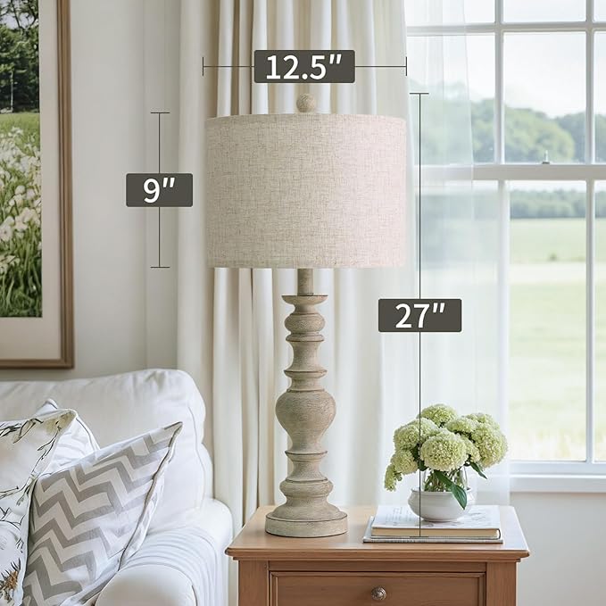 BOBOMOMO 27" Antique Gray Table Lamps Set of 2, Large Farmhouse Resin Lamps with Linen Shades, Vintage Gray Lamps for Living Room, Bedroom, or Console Table Rustic Traditional Décor