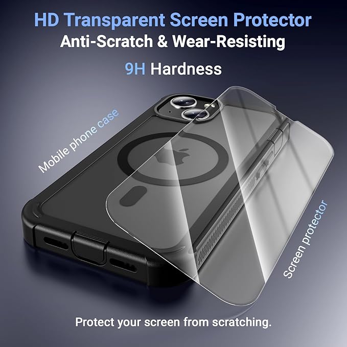 Magnetic for iPhone 13/14 Case,[Screen Protector] [Compatible with MagSafe][Military Grade Drop Protection][Heavy Duty Protection][Shockproof] 2-Layer Durable Bumper Phone Case 6.1"-Black