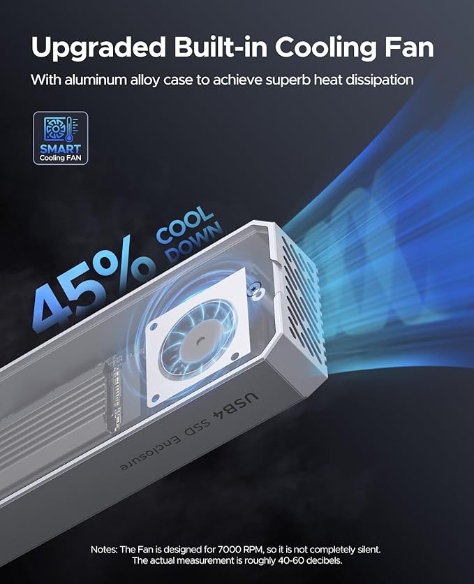 ORICO 40Gbps M.2 NVMe SSD Enclosure with Built-in Cooling Fan, Aluminum External NVMe Case Supports M Key PCIe 4.0 Drive, Compatible with Thunderbolt 3/4, USB4/3.2/3.1/3.0 Interface- CNM2