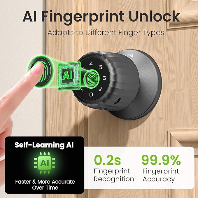 GHome Smart Fingerprint Door Lock, 4-in-1 Fingerprint Door Knob with Keypad, App Control, Keys, Removable & Rechargeable Battery, Door Locks for Bedroom, Home, Garage, Storage Room