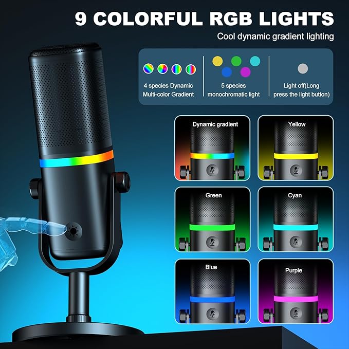Aokeo Microphone for PC, AK-10 USB/XLR Dynamic Desktop Microphone for Gaming,Podcast,Streaming with RGB Light,Volume Control,Mute Button,Noise Reduction