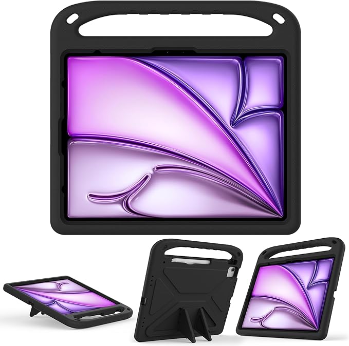 Cute Kids Case for iPad Air 13" M4 M3 M2 2026 2025 2024/ Pro 13 Inch M5 M4 Cover 2025 2024, iPad Pro 12.9 Case 2022/2021/2020/20218, Soft EVA Handle Cover with Shoulder Strap Stand, Black