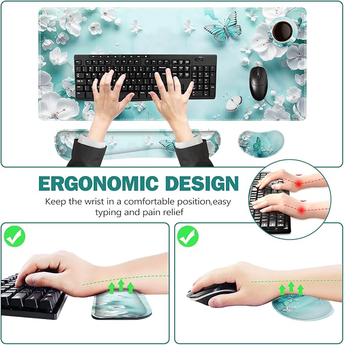 ToLuLu Large Mouse Pad Desk Pad Set, Wrist Rest Support Desk Mat for Keyboard and Mouse, 4PCS 35.4”x15.7 XXL Giant Mouse Pad, Non-Slip Base Stitched Edges Mousepad for Home Office, Teal Butterfly