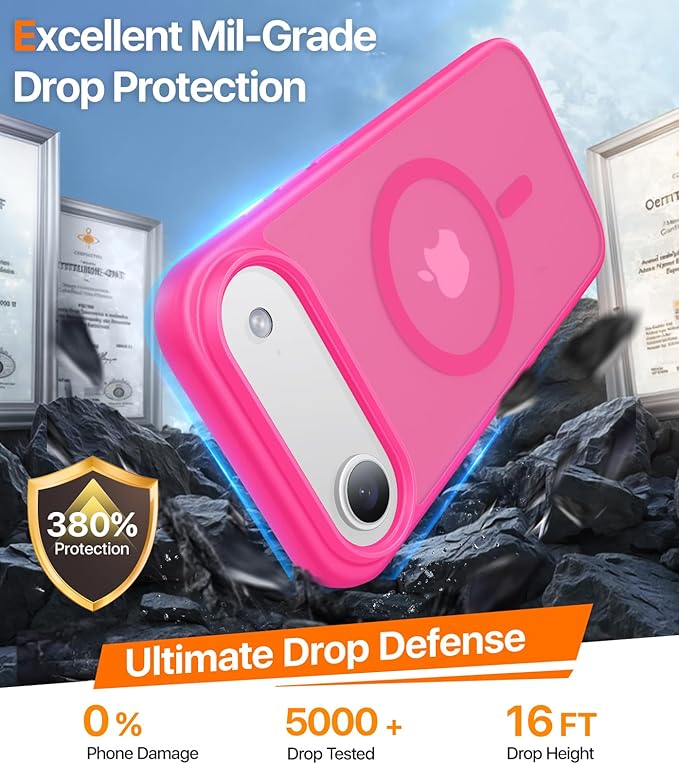 Magnetic for iPhone Air Case 2025,[Anti-Slip][Compatible with MagSafe][Military Grade Drop Protection] Shockproof Protective Translucent Matte Phone Case for iPhone 17 Air Case,Hot Pink